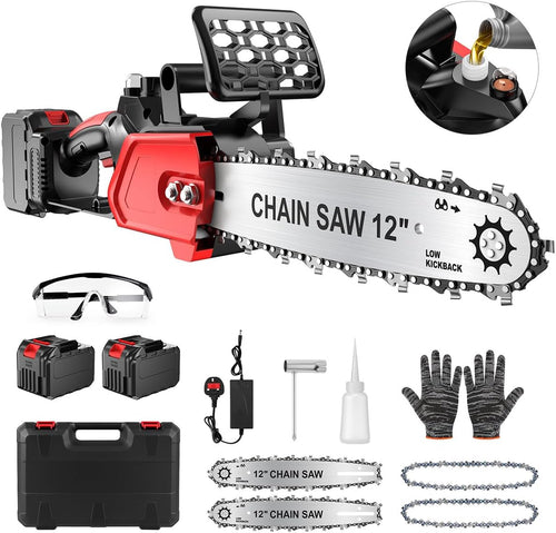 Electric Chainsaw, 12" Cordless Chain Saw 15m/s Chain Speed w 2 Rechargeable 5.0Ah Batteries, 2 Chains & Chain and Guide Bar Handheld Chainsaws for Cutting Wood, Garden Pruning Trees, Tree Trimming