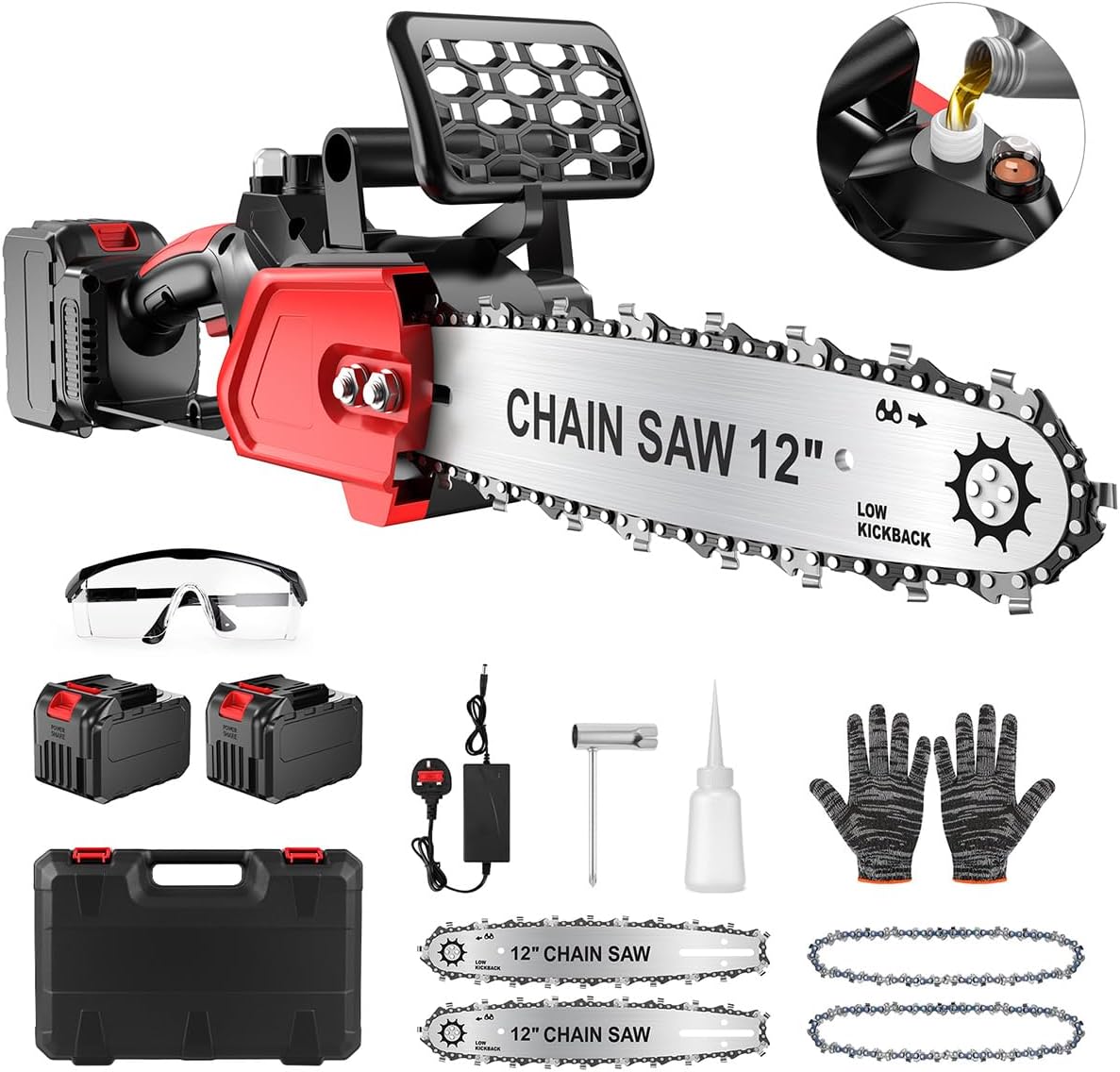 Electric Chainsaw, 12" Cordless Chain Saw 15m/s Chain Speed w 2 Rechargeable 5.0Ah Batteries, 2 Chains & Chain and Guide Bar Handheld Chainsaws for Cutting Wood, Garden Pruning Trees, Tree Trimming