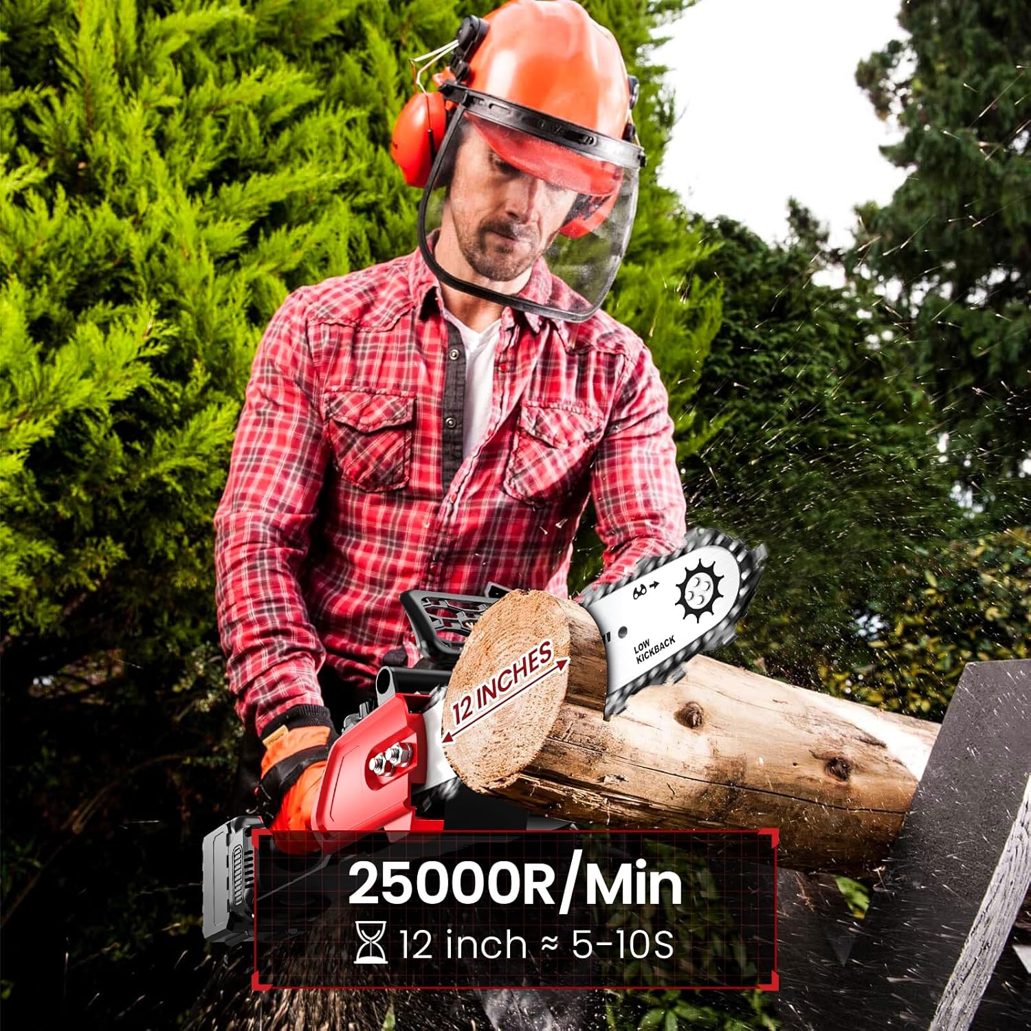 Electric Chainsaw, 12" Cordless Chain Saw 15m/s Chain Speed w 2 Rechargeable 5.0Ah Batteries, 2 Chains & Chain and Guide Bar Handheld Chainsaws for Cutting Wood, Garden Pruning Trees, Tree Trimming